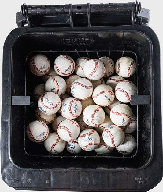 RAWLINGS ROLLING BALL BIN WITH SPRING LOADED BASKET