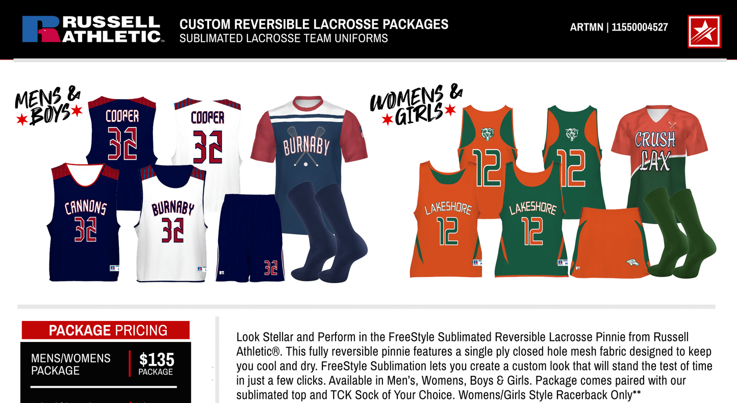 RUSSELL ATHLETIC FREESTYLE REVERSIBLE LACROSSE PACKAGE