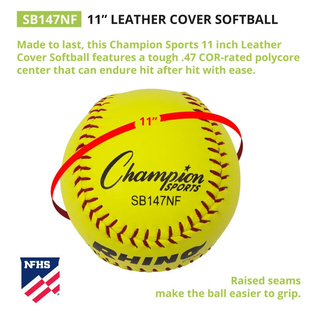 11" Leather Poly Core Softball, NFHS Approved