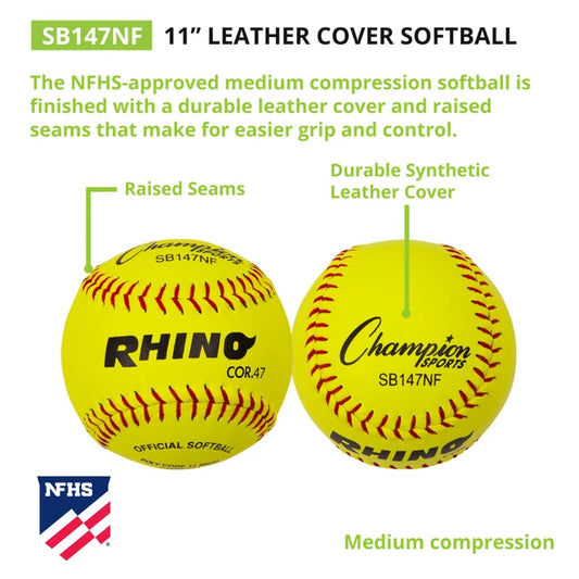 11" Leather Poly Core Softball, NFHS Approved