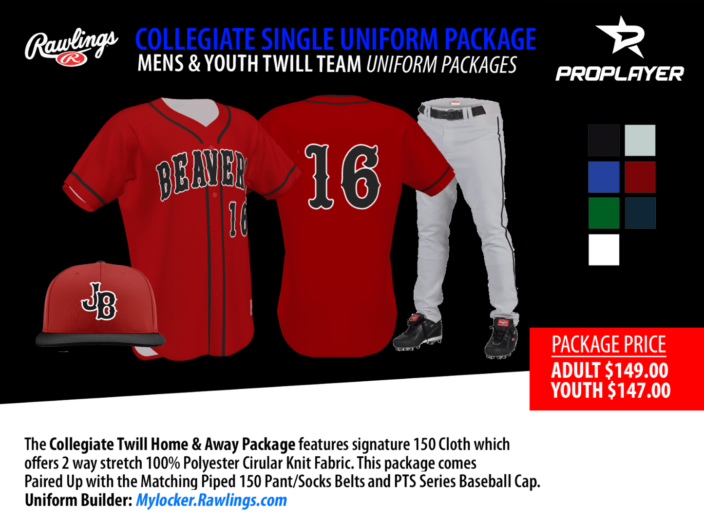 RAWLINGS COLLEGIATE TWILL TEAM UNIFORM PACKAGE